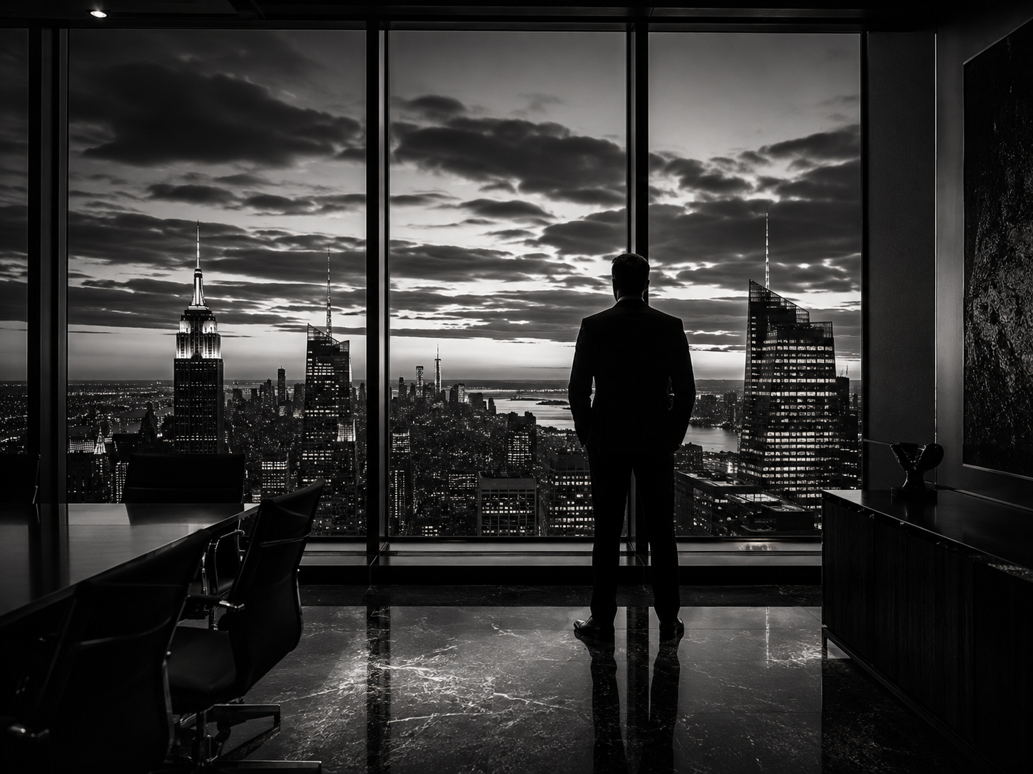A principal overlooking a city skyline at dusk
