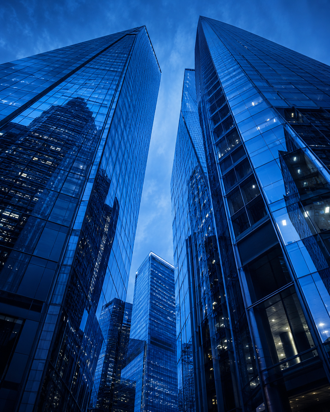 Modern commercial glass towers at dusk