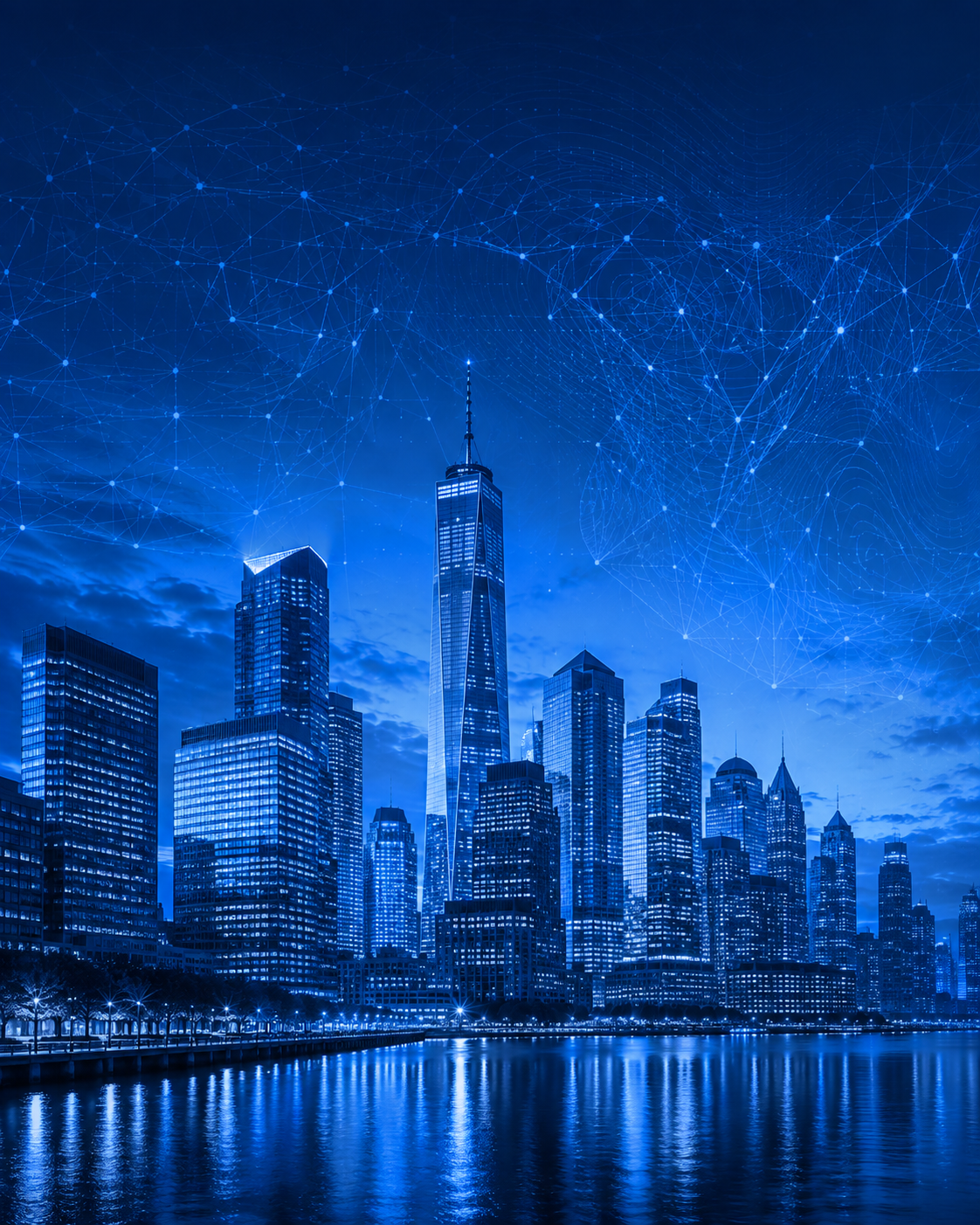 City skyline with subtle data overlay at blue hour